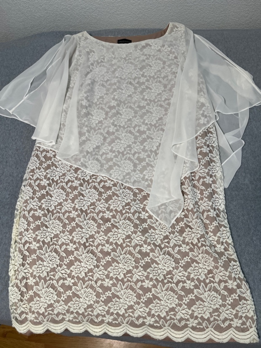 Ivory Lace Overlay Dress with Sheer Cape 20W Mother Bride Cocktail - Picture 11 of 12